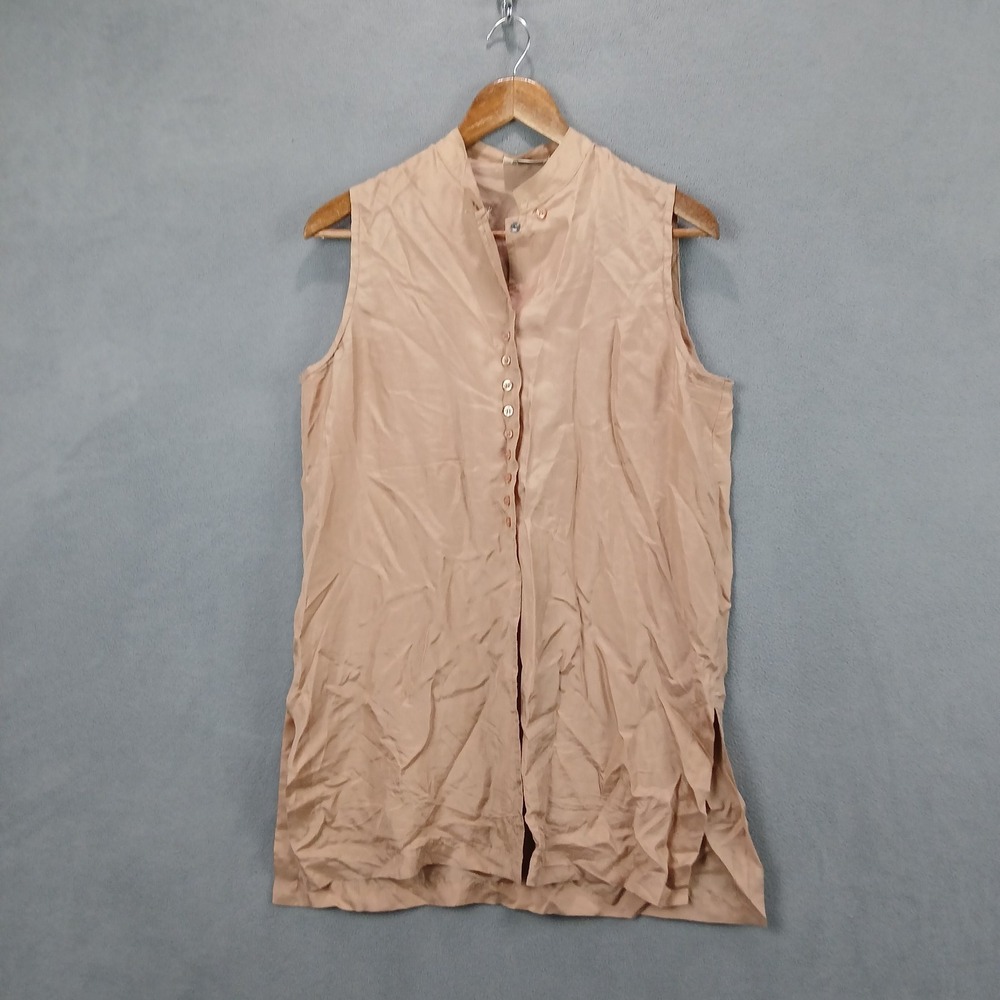 Bogari Long Shirt Womens Medium Brown Silk Mandarin Collar Sleeveless Button Up